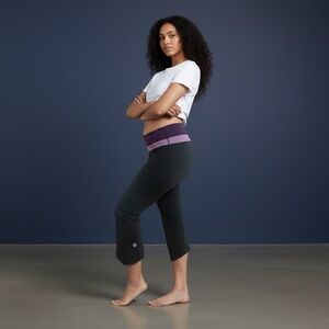 Black Lululemon Cropped Yoga Pants with Purple Waistband